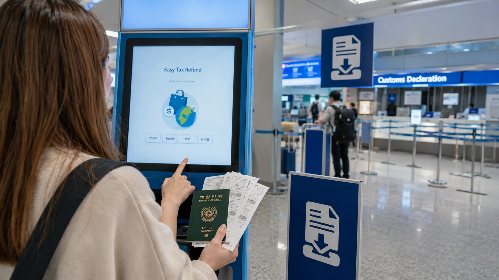 A traveler using a tax-refund kiosk in an Incheon Airport departure hall with receipts and a passport