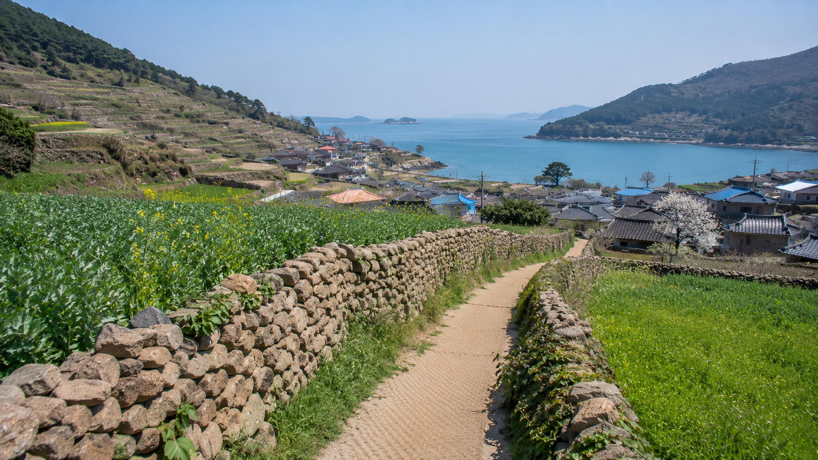 A Cheongsando walking trail passing stone walls, green fields, and a coastal village