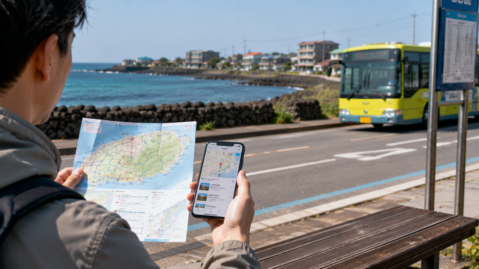 A traveler comparing a Jeju bus map with accommodation locations on a phone at a coastal bus stop