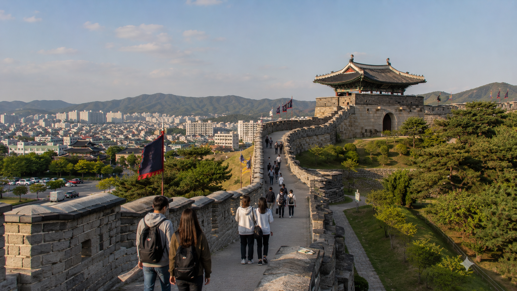 Travelers walking along Suwon Hwaseong Fortress near Janganmun Gate