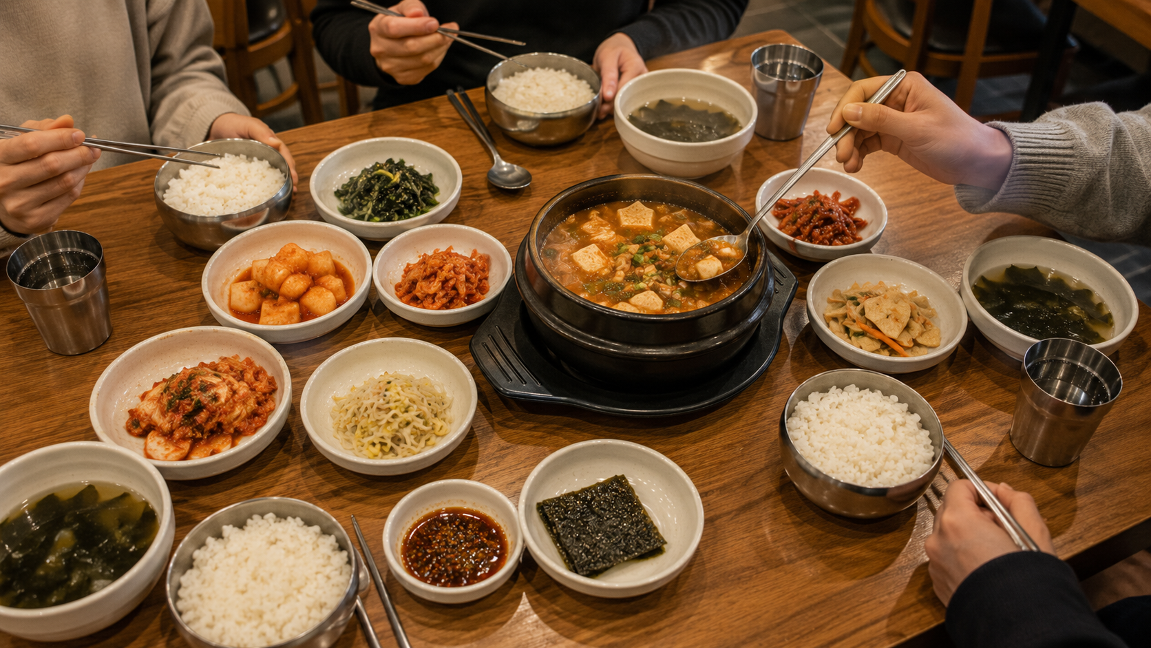 A Korean restaurant table set with individual rice bowls, soup, metal spoons and chopsticks, plus shared banchan and a c