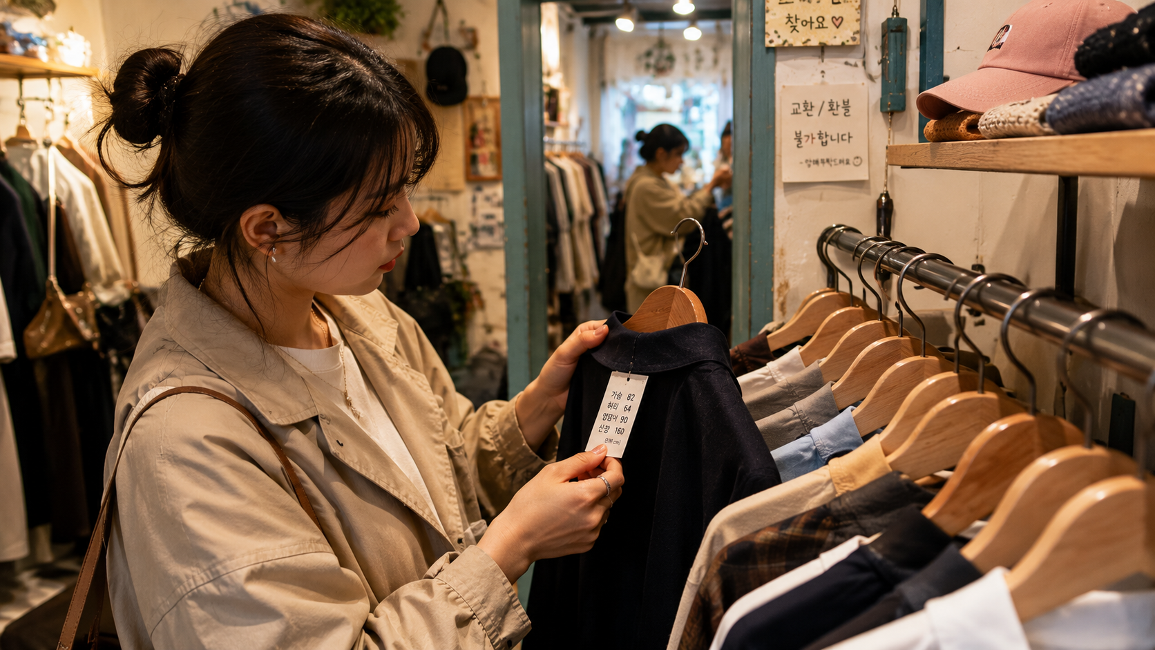 A shopper checking Korean size labels inside a compact independent Hongdae fashion boutique