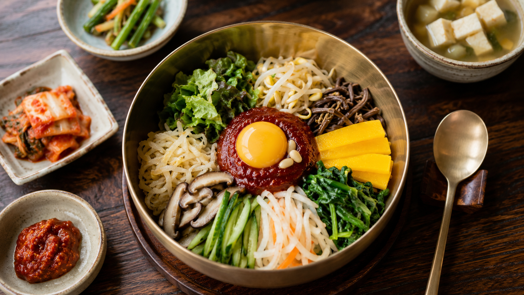 Traditional Jeonju bibimbap served in a brass bowl inside a hanok restaurant