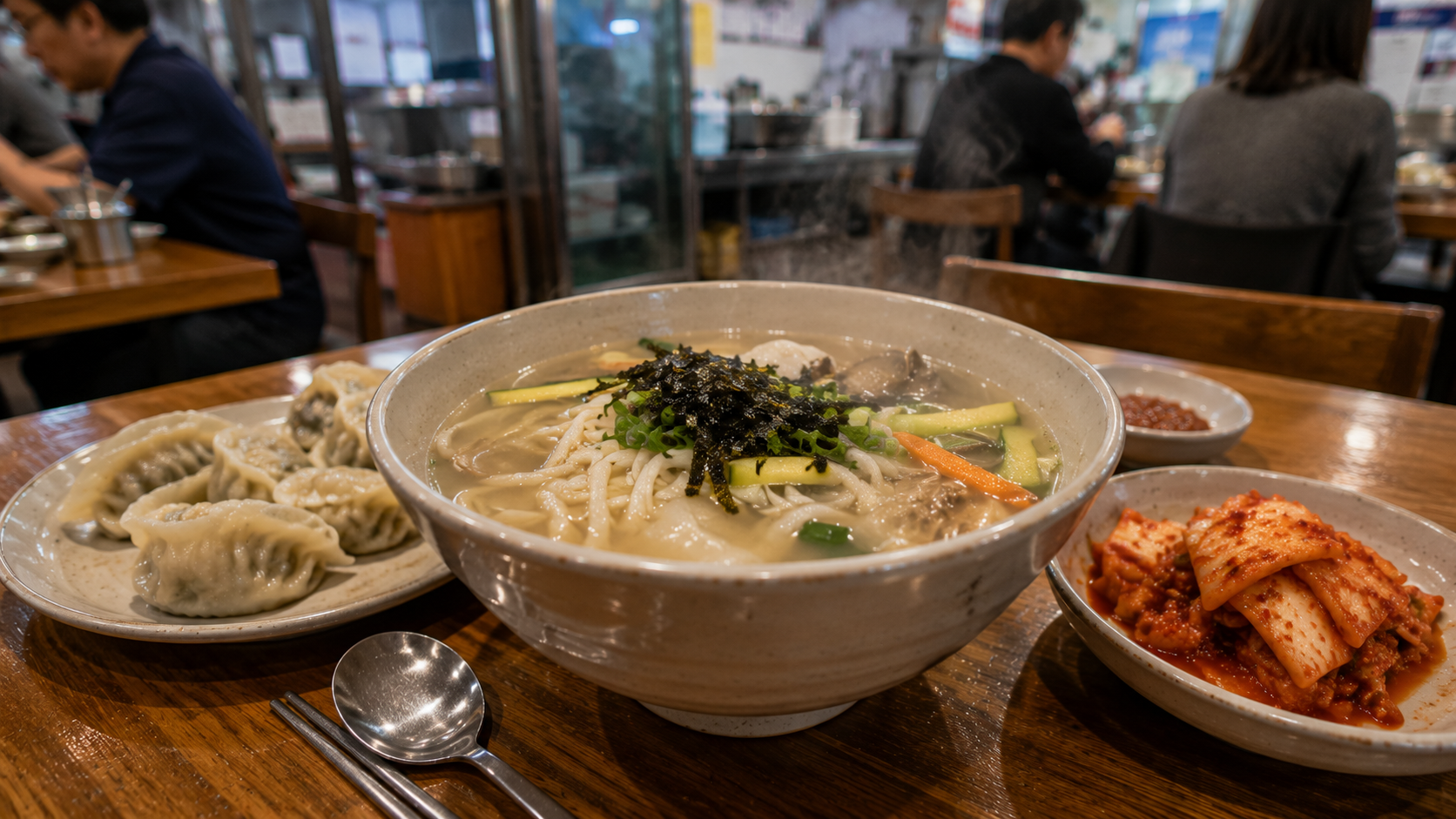 A Seoul noodle restaurant serving a steaming bowl of kalguksu with mandu and kimchi