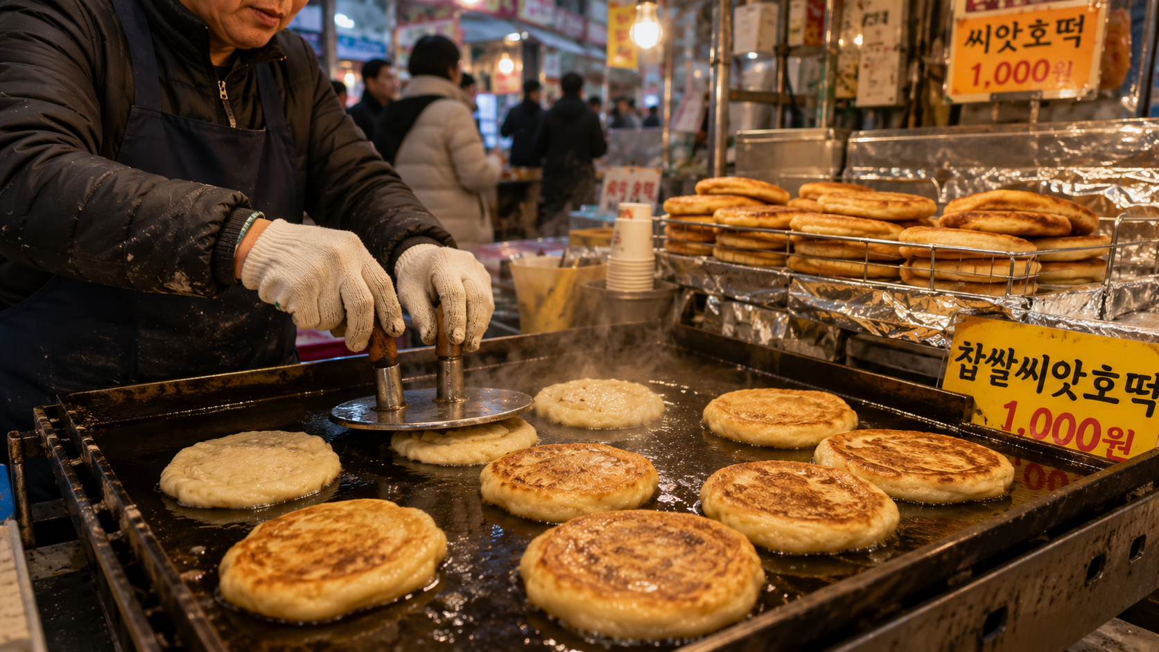 A hotteok vendor pressing filled pancakes on a griddle at a Korean traditional market