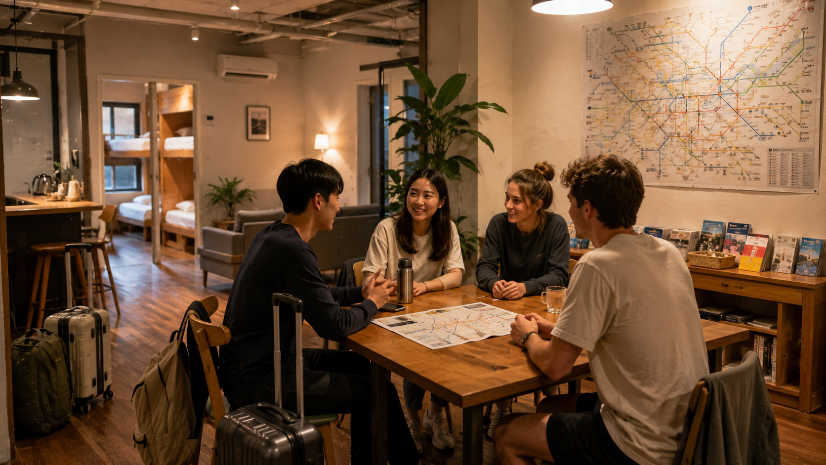 International travelers talking in a clean Seoul hostel common room, with a Korean subway map and compact luggage visibl