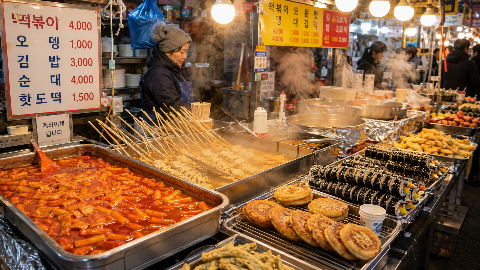 A Korean traditional-market snack stall displaying tteokbokki, eomuk skewers, hotteok, and gimbap