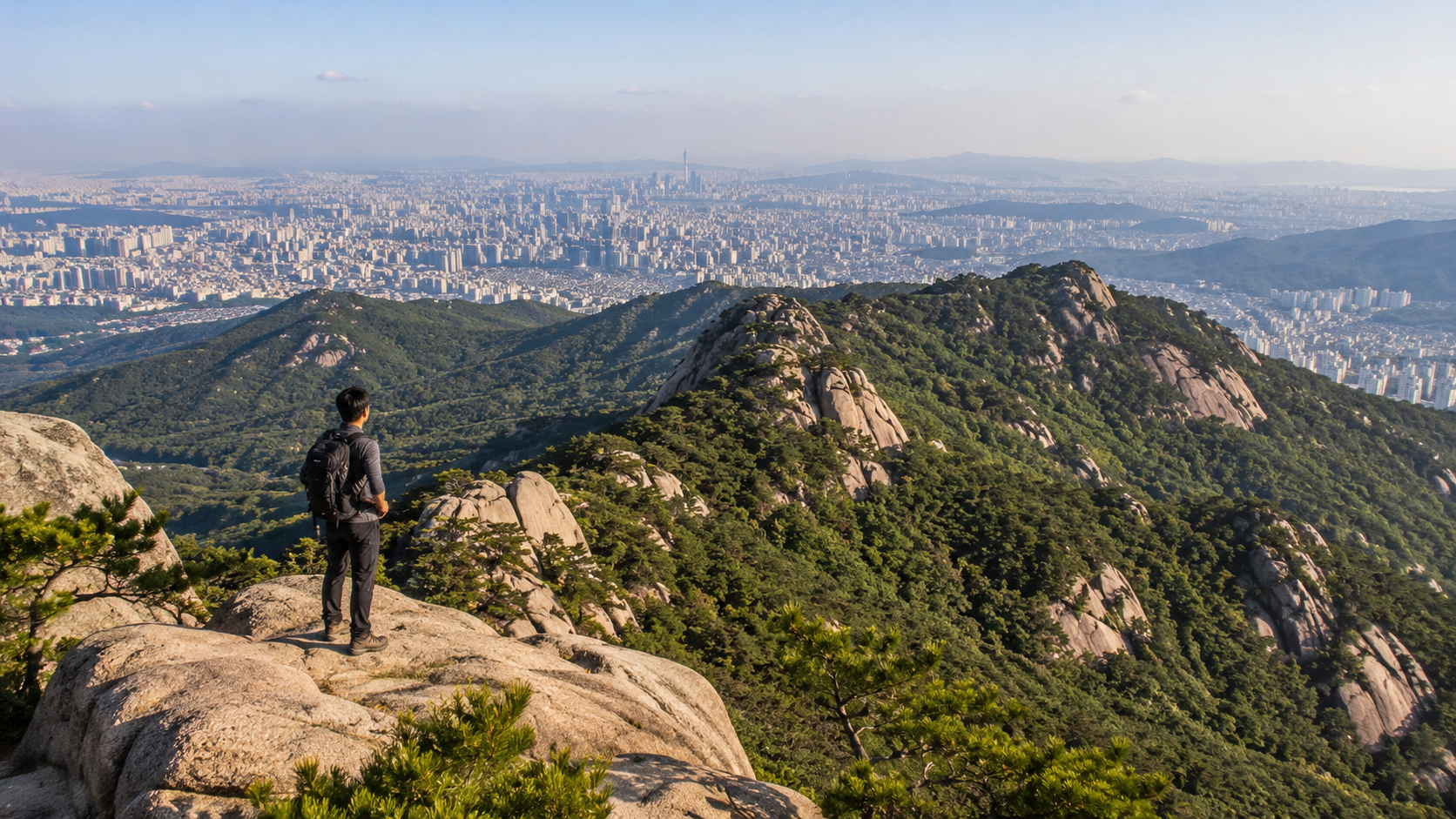 View from a Bukhansan granite ridge with Seoul spreading across the background