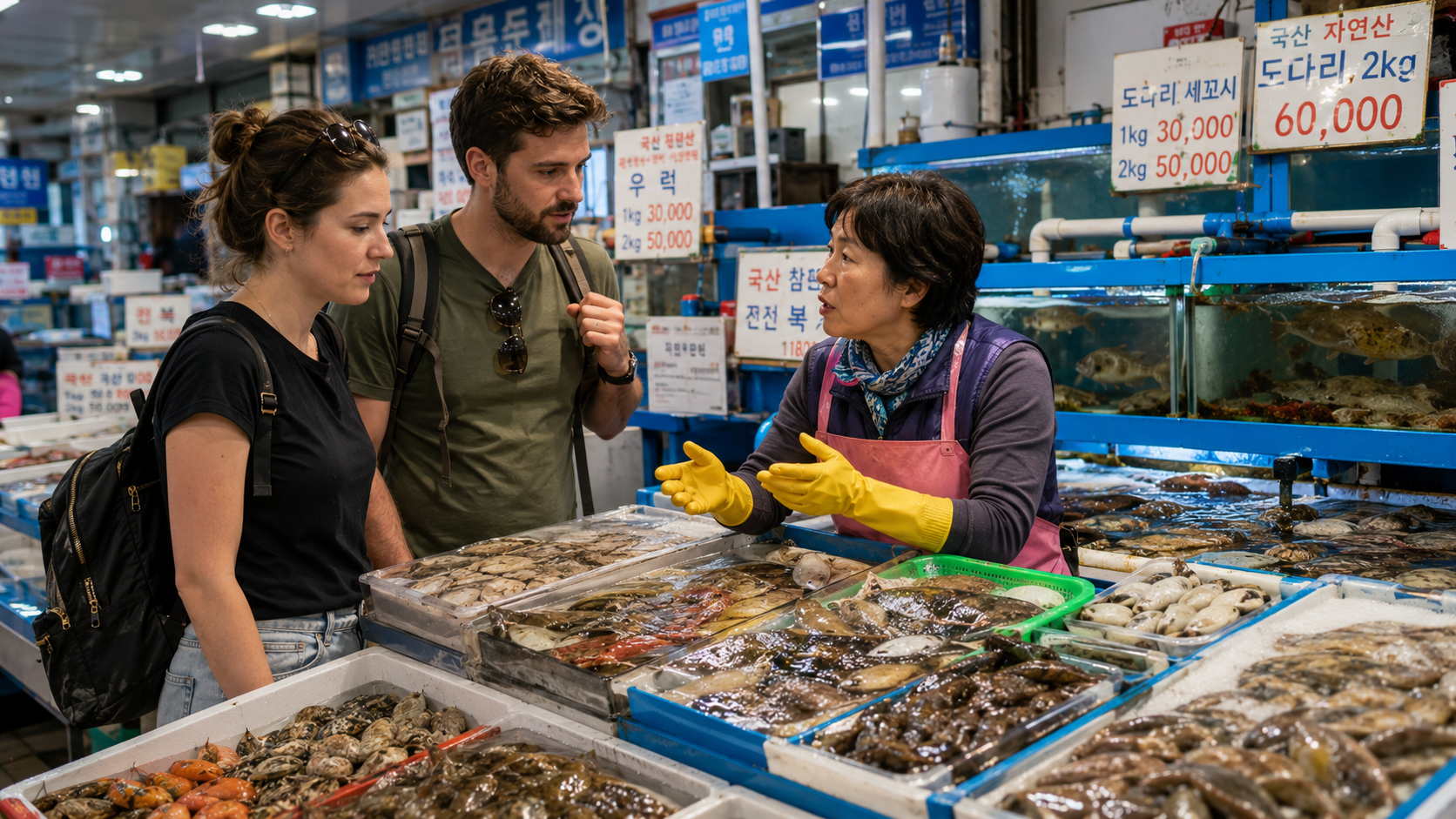 A seafood counter inside Jagalchi Market with tanks of live fish and a vendor discussing an order with international tra