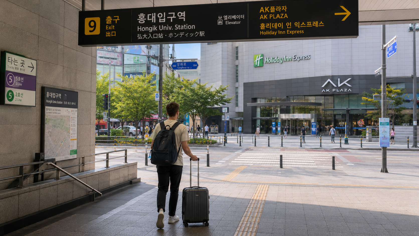 An international traveler rolling a suitcase from Hongik University Station toward the AK Plaza and Holiday Inn Express