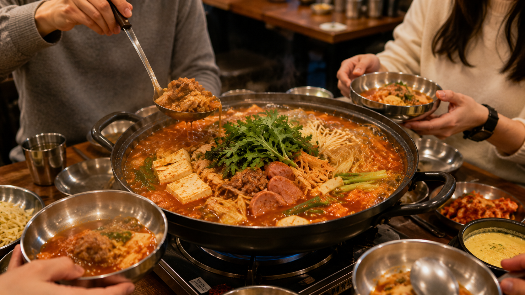 A bubbling Korean jeongol on a tabletop burner with diners serving it into individual bowls