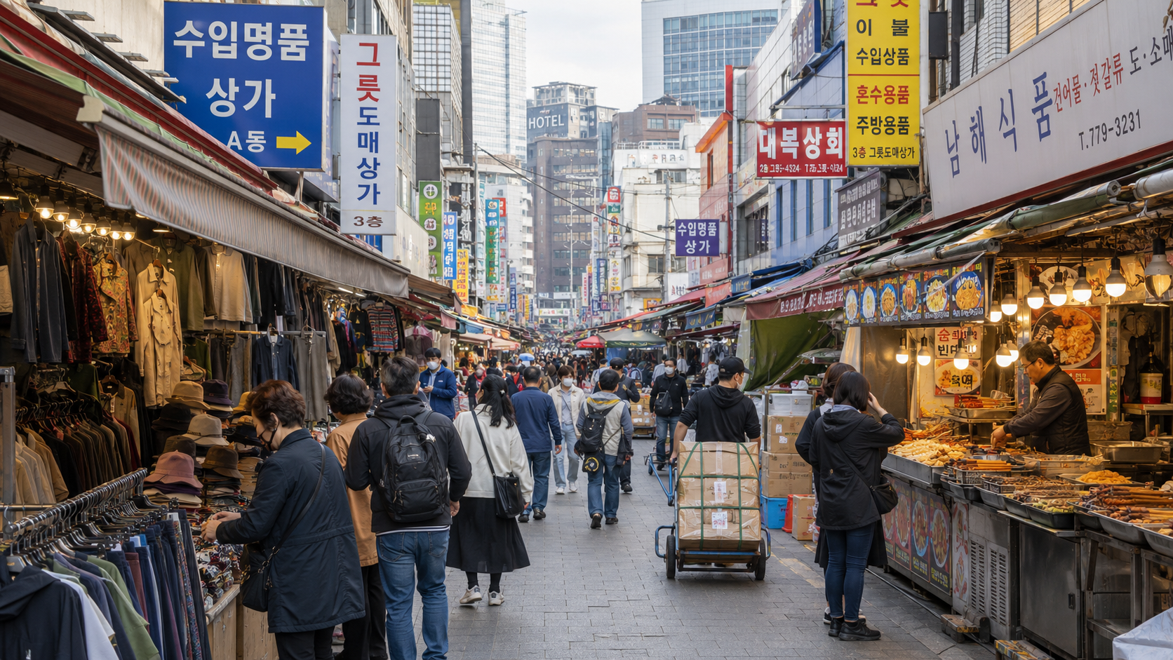 A busy daytime lane inside Namdaemun Market, with Korean shop signs, clothing displays, food stalls, and delivery carts