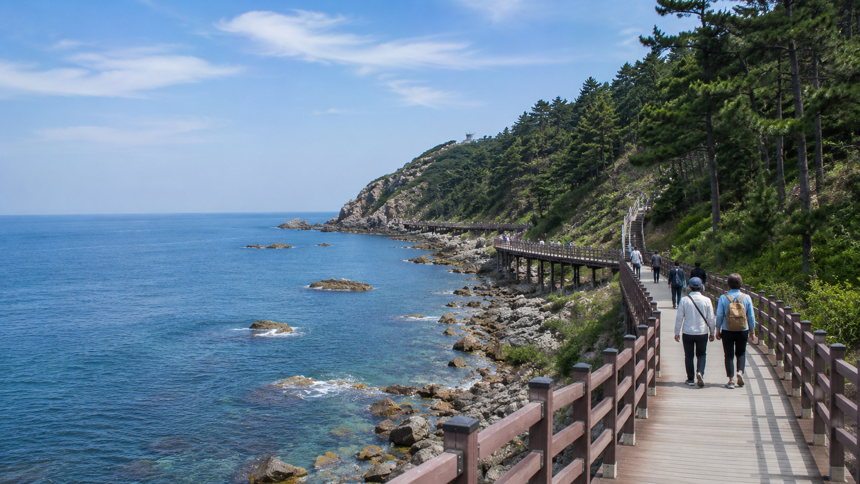 Travelers walking along the Oeongchi coastal boardwalk beside the East Sea