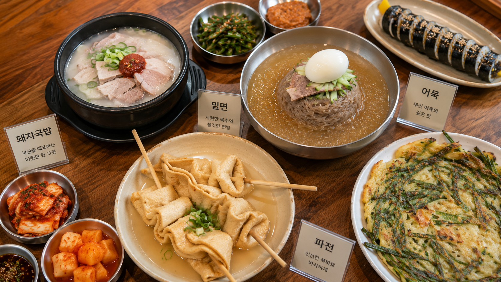 A table of Busan specialties including pork soup, cold milmyeon, fish cake, green-onion pancake, and small side dishes