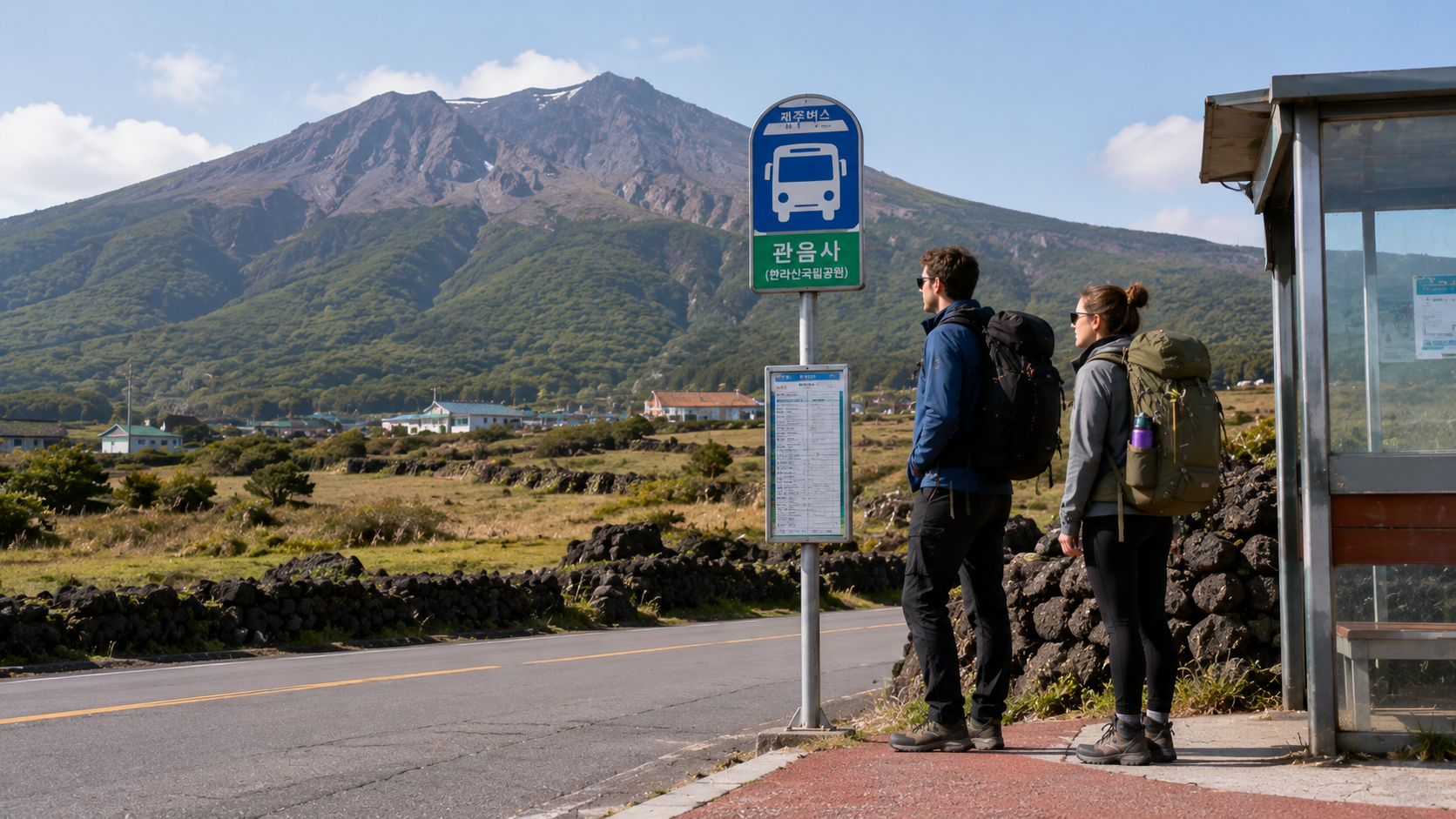 Backpackers waiting at a rural Jeju bus stop with hiking packs and the volcanic landscape behind them