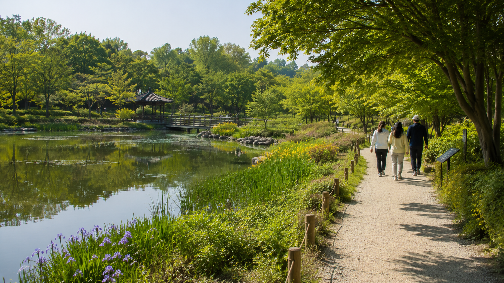 Visitors walking beside a pond in Hanbat Arboretum during late spring