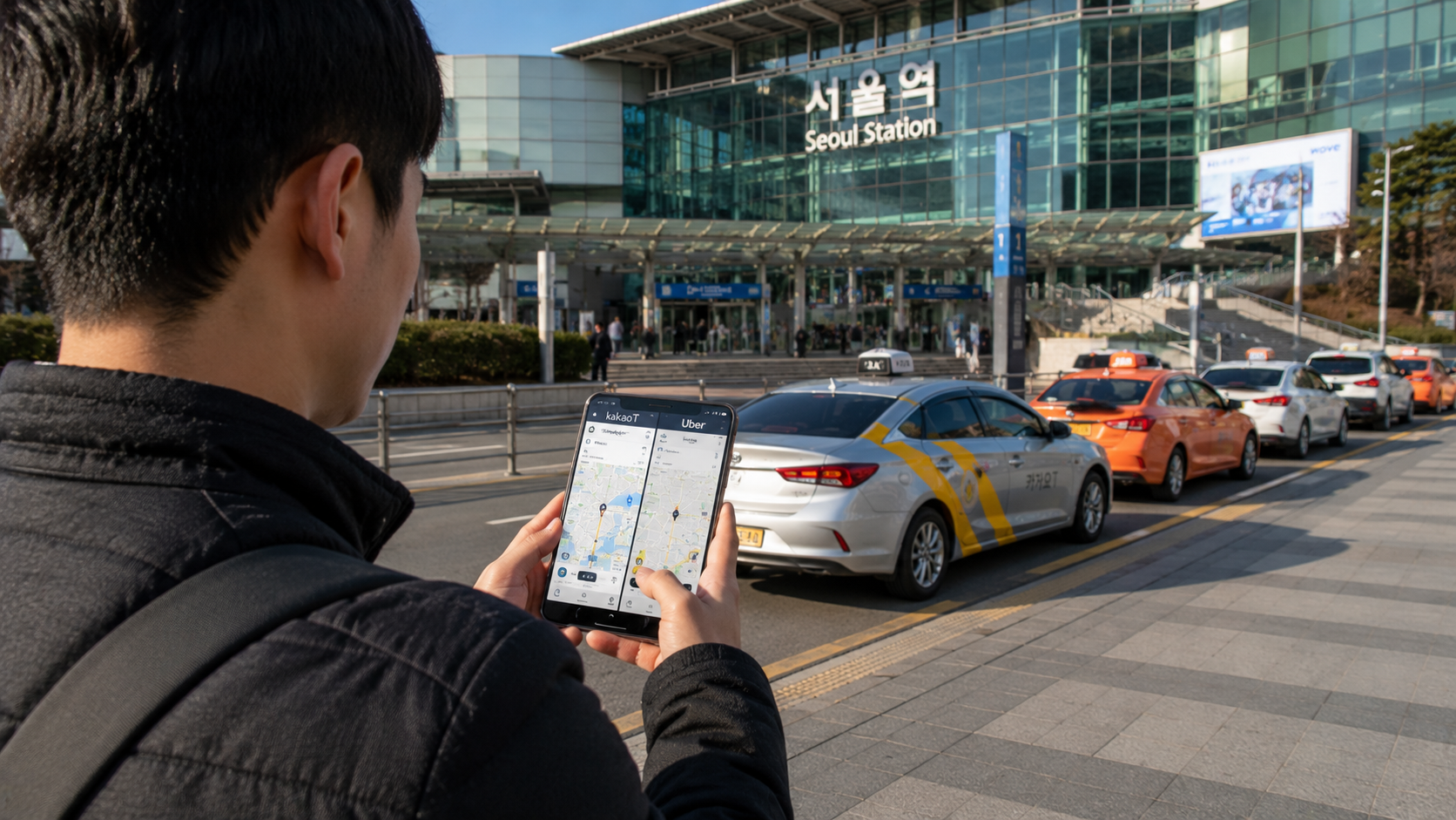 A traveler outside Seoul Station comparing Kakao T and Uber ride-request screens
