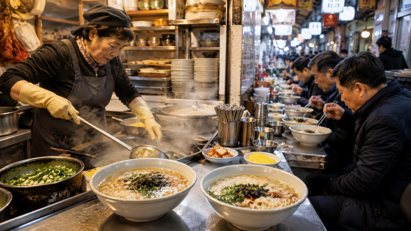 A narrow Namdaemun food alley with steaming noodle bowls and diners seated at a compact counter