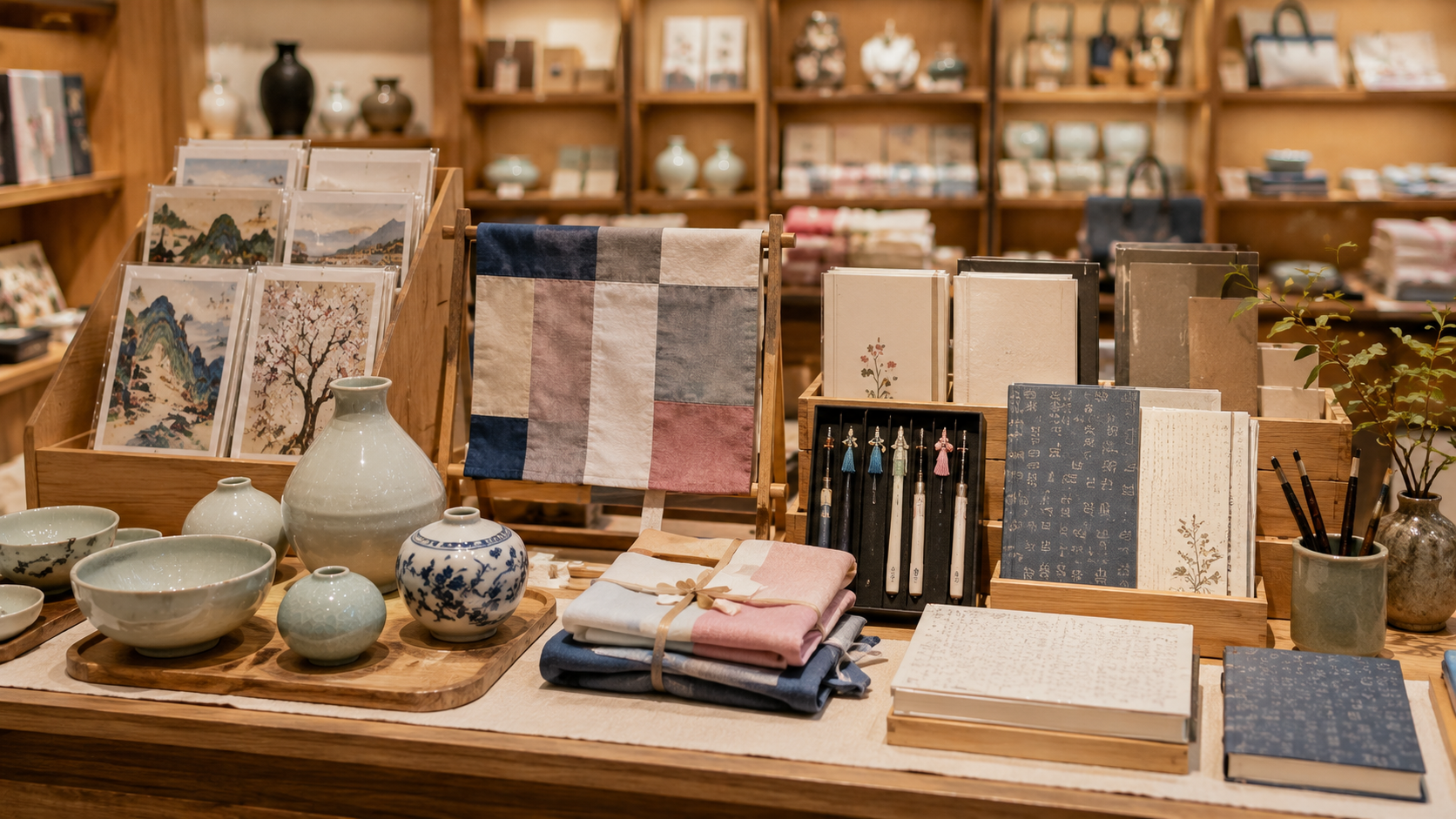 A museum shop display featuring Korean ceramics, bojagi cloth, postcards, and Hangul stationery