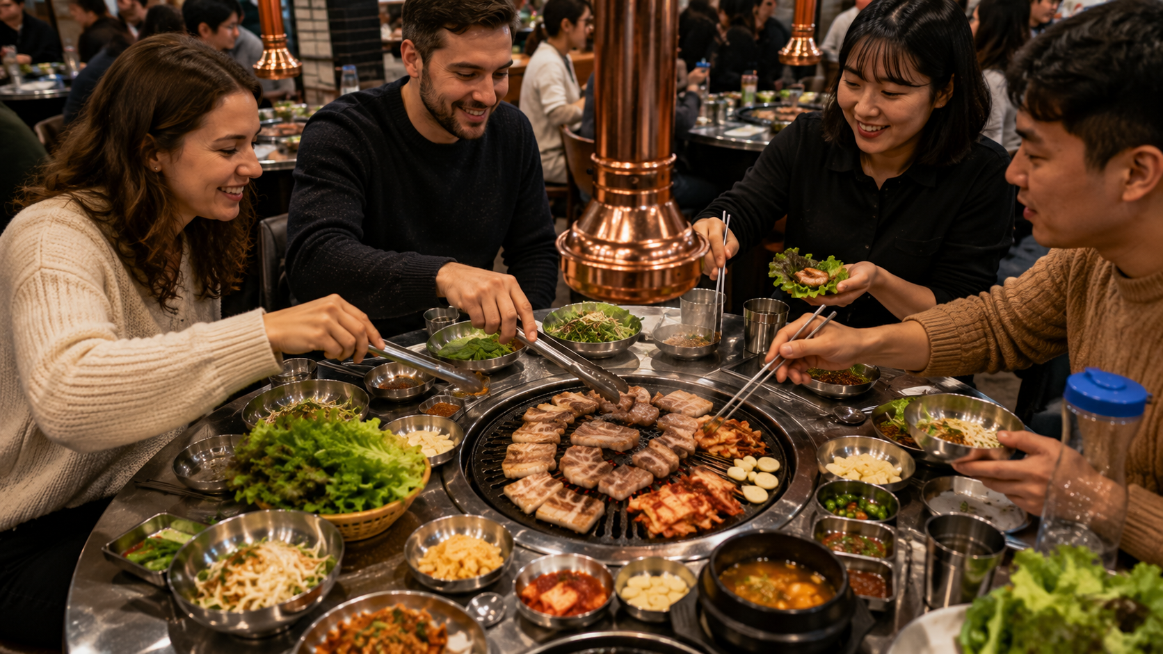 International visitors eating samgyeopsal at a tabletop grill in a busy Seoul restaurant