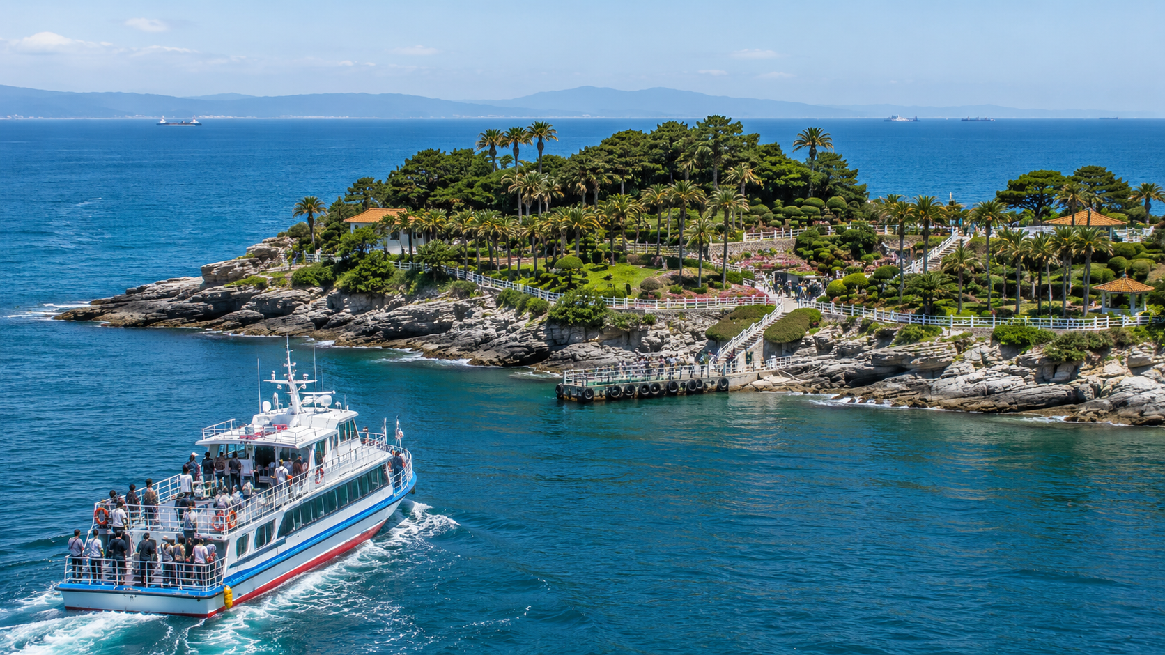A passenger boat approaching Oedo Botania with landscaped terraces and the blue South Sea behind it