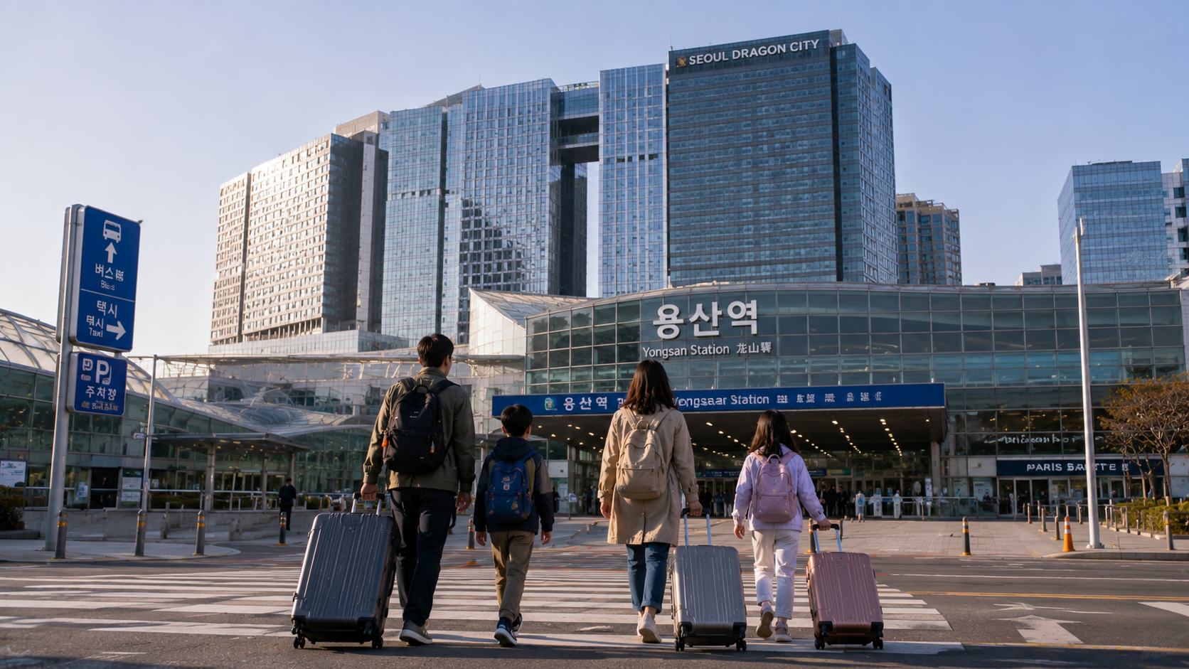 A family walking from Yongsan Station toward the Seoul Dragon City hotel towers with rolling luggage