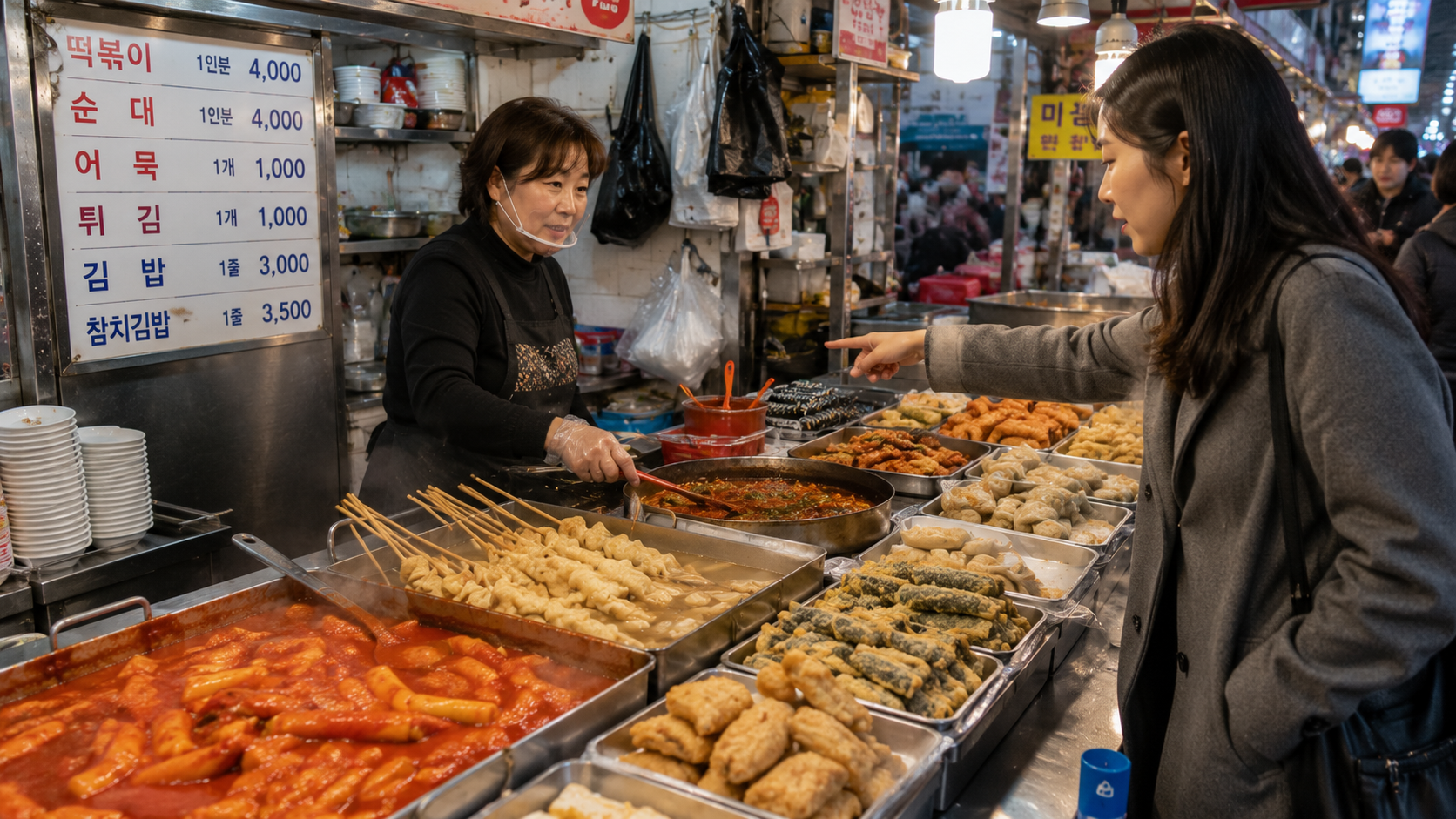 A visitor choosing tteokbokki, fish cake, and fried snacks at a covered Korean market counter