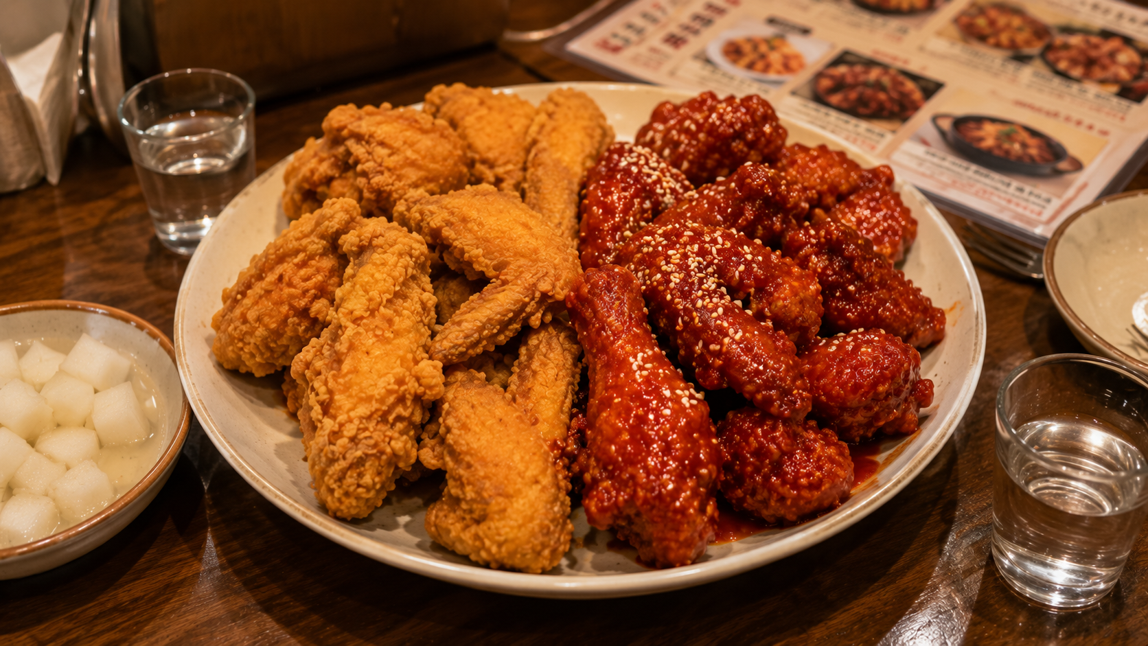 A Korean restaurant table with one half-and-half chicken platter, showing plain fried chicken on one side and red yangny