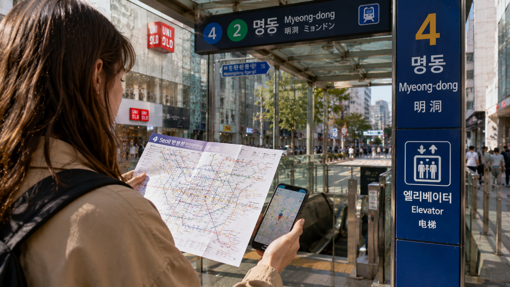 A traveler comparing a Seoul subway map with neighborhood hotel locations at a station entrance