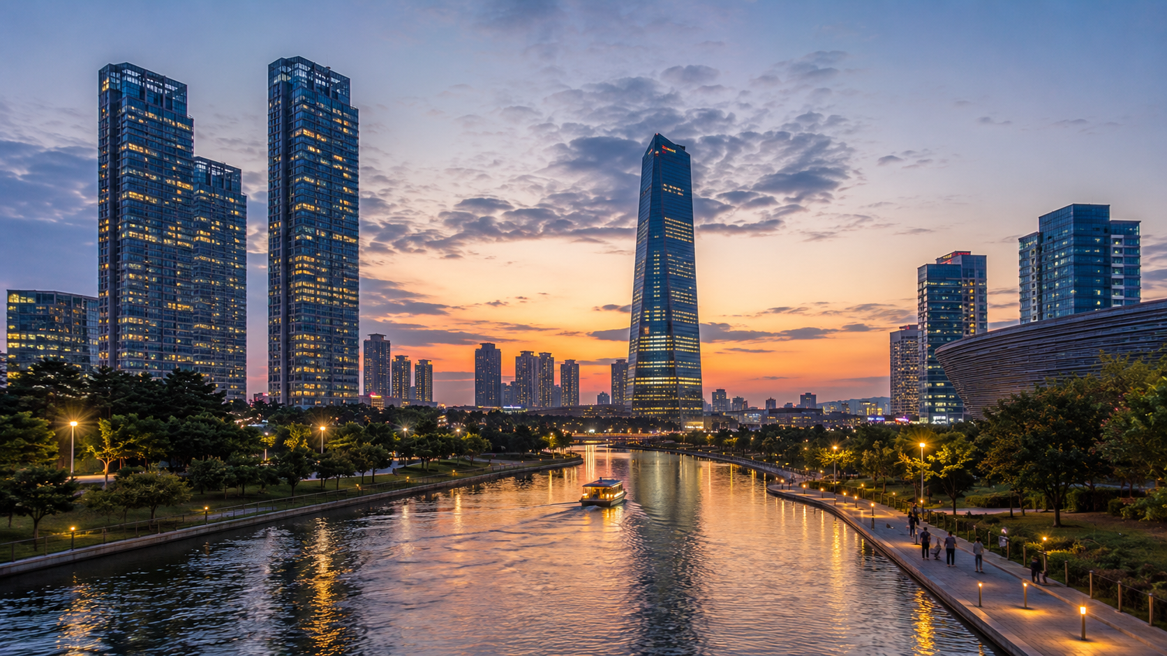 Sunset over Songdo Central Park's canal and high-rise skyline