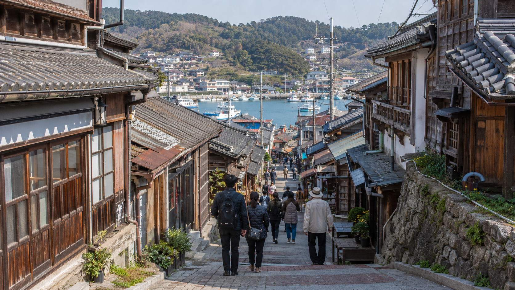 The sloping historic street in Guryongpo with restored wooden façades and visitors walking between the port and hillside