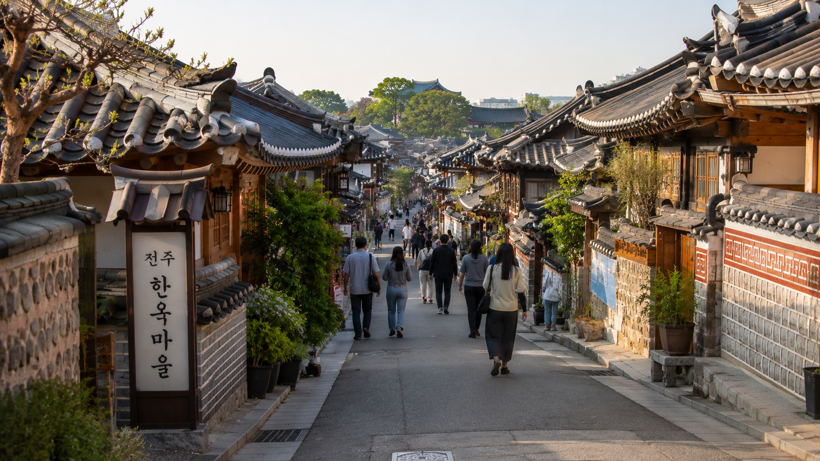 Visitors walking between traditional tiled-roof houses in Jeonju Hanok Village