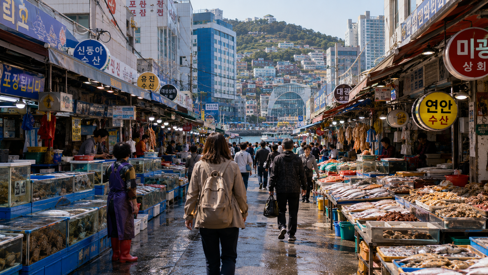 A traveler walking through the Nampo and Jagalchi market district in Busan