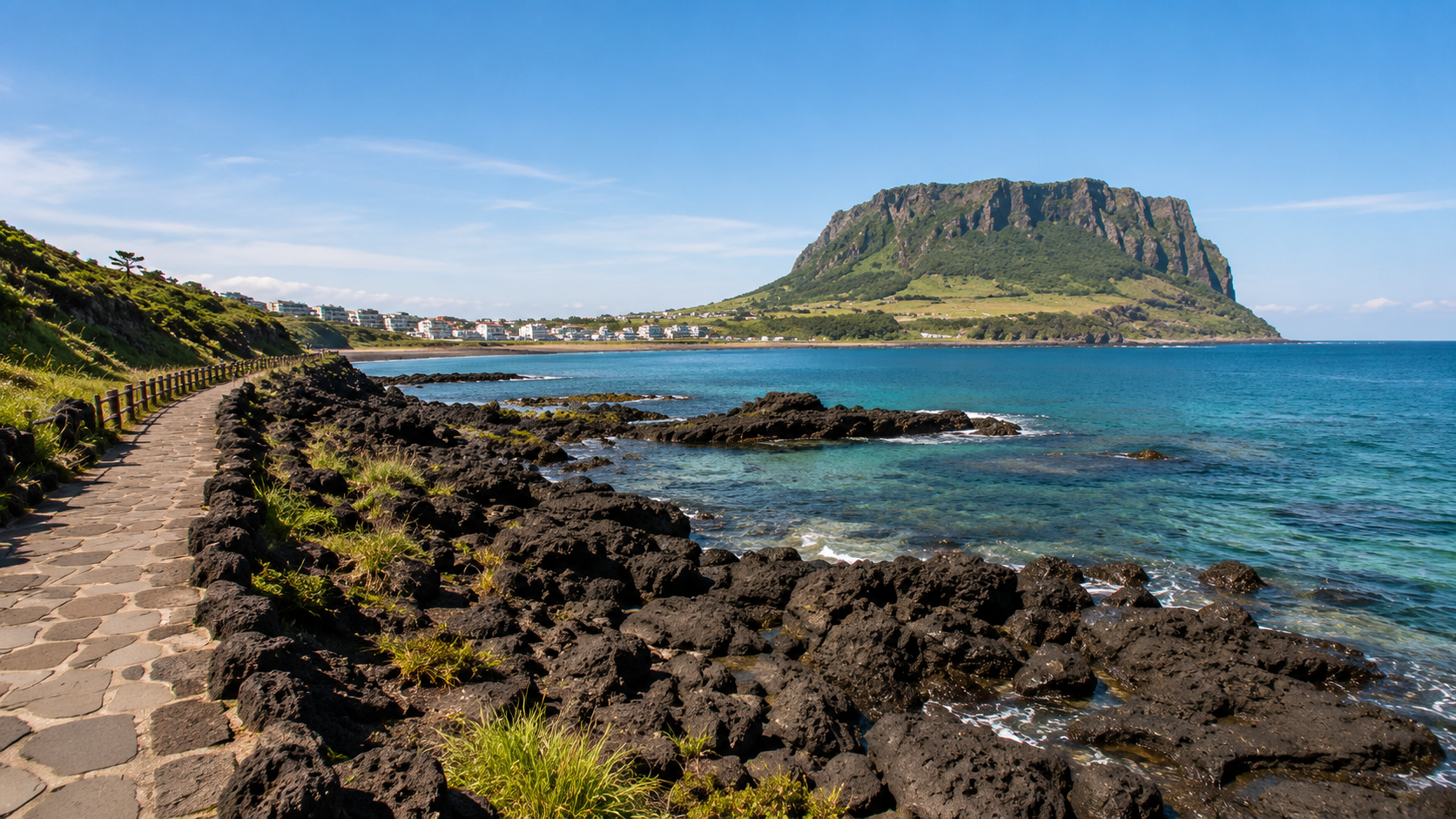 A basalt coastal path on eastern Jeju with Seongsan Ilchulbong rising beyond the sea