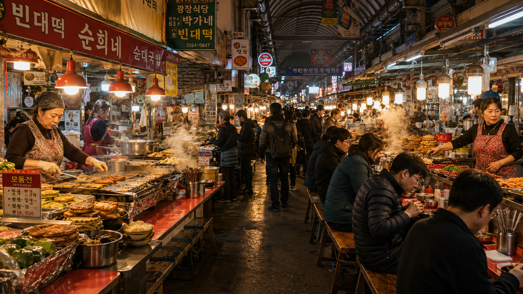 Evening food stalls inside a covered traditional market in Seoul
