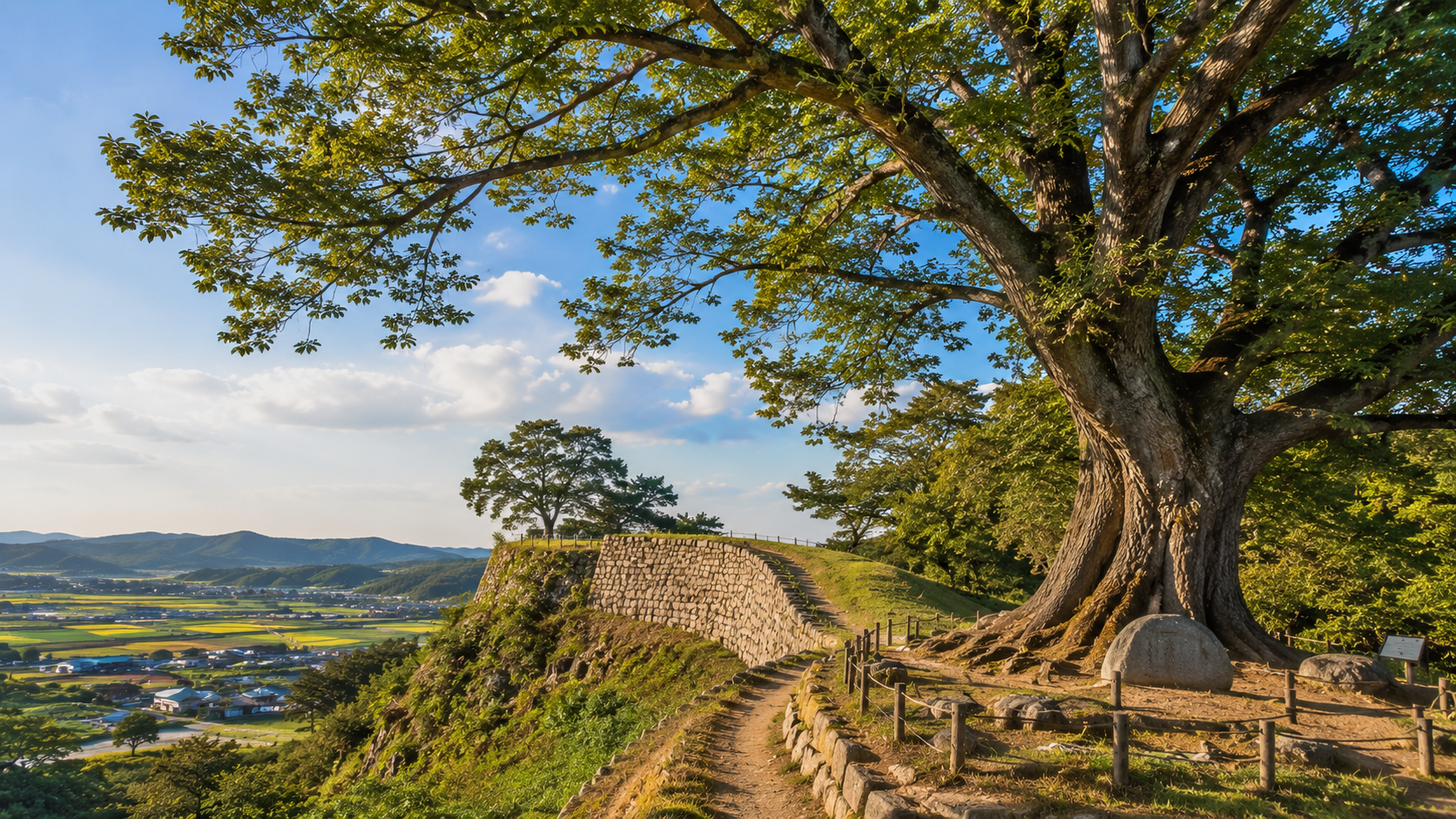 The old zelkova tree and remaining fortress wall at Garimseong in Buyeo