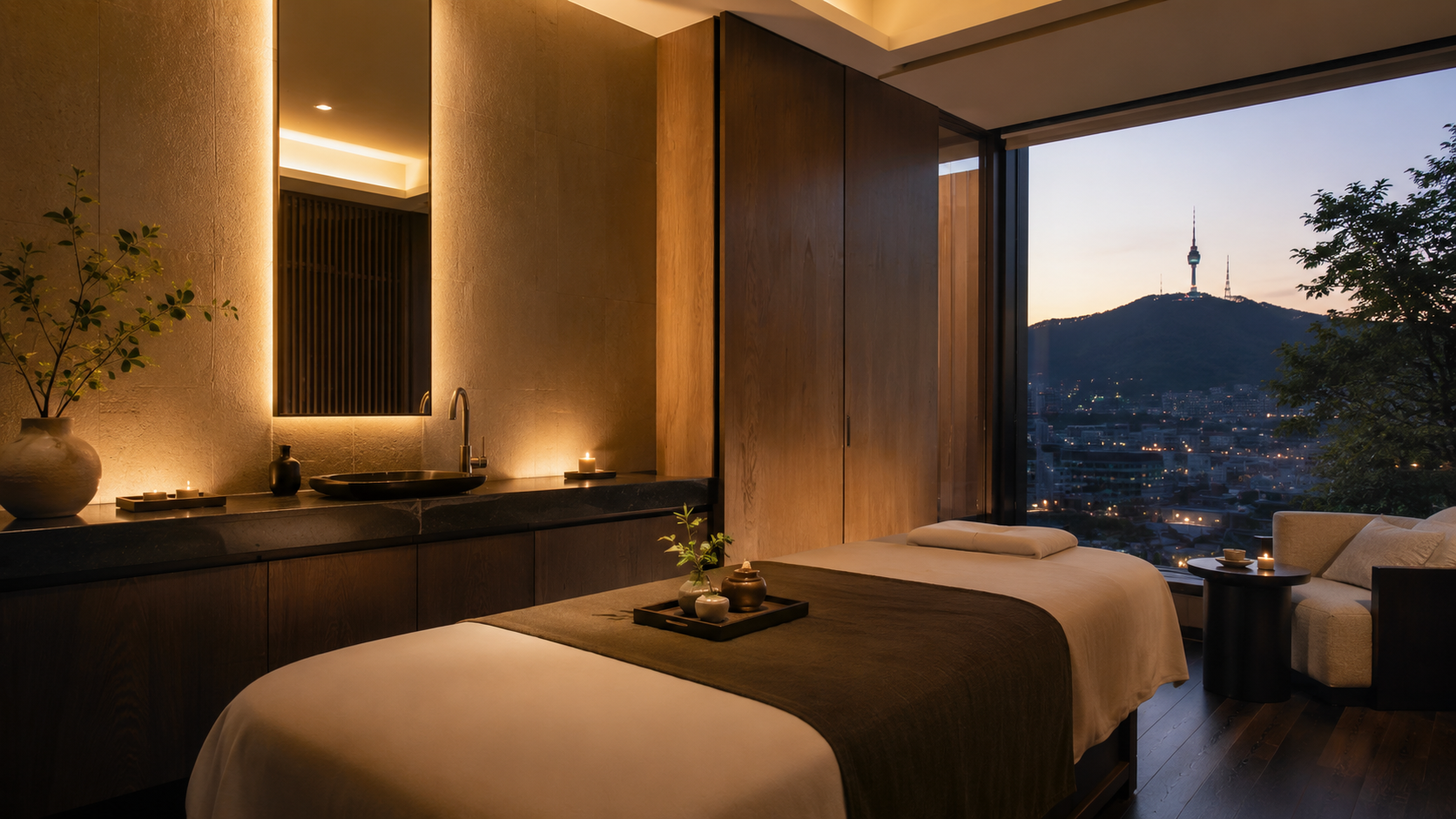 A quiet treatment room at a luxury spa beside Namsan Mountain in Seoul
