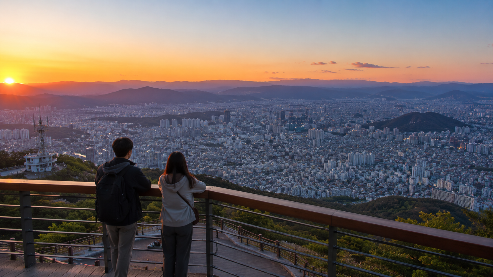Visitors looking across Daegu from Apsan Observatory around sunset