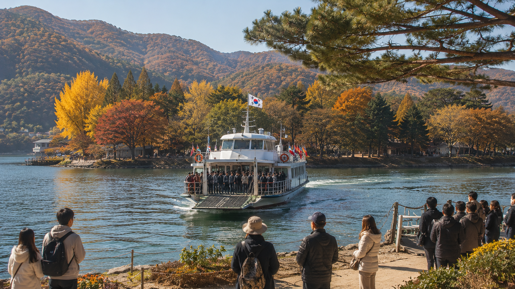 A ferry approaching Nami Island with wooded riverbanks and visitors waiting near the landing