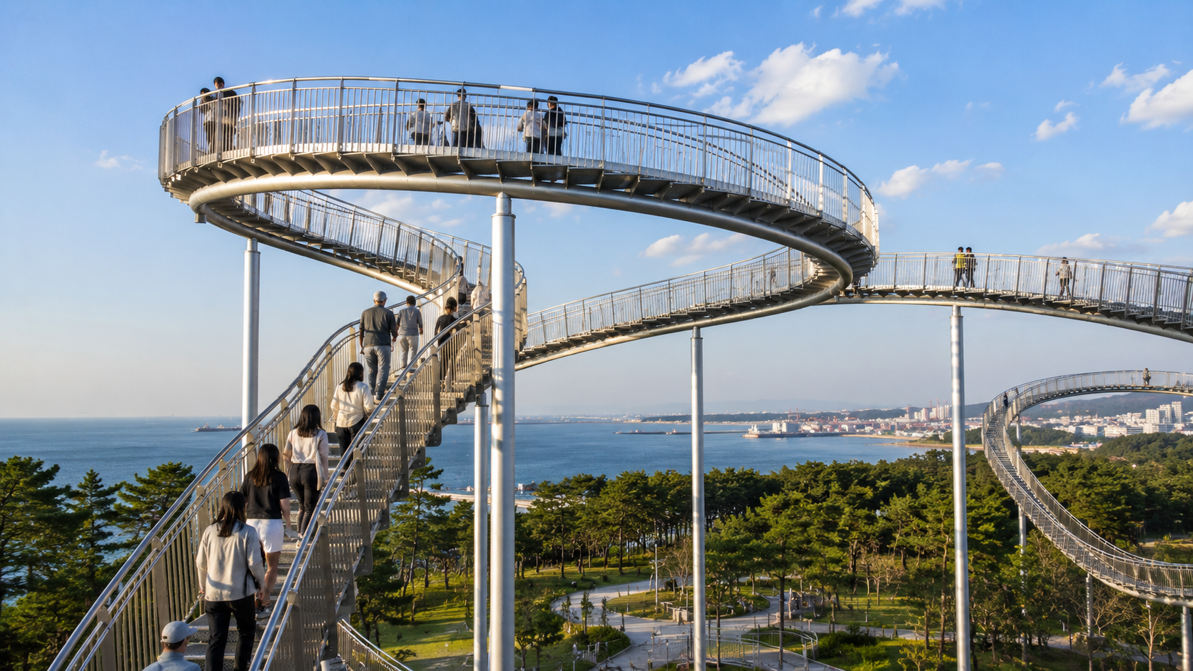 Visitors climbing Pohang Space Walk above Hwanho Park with Yeongil Bay visible behind it