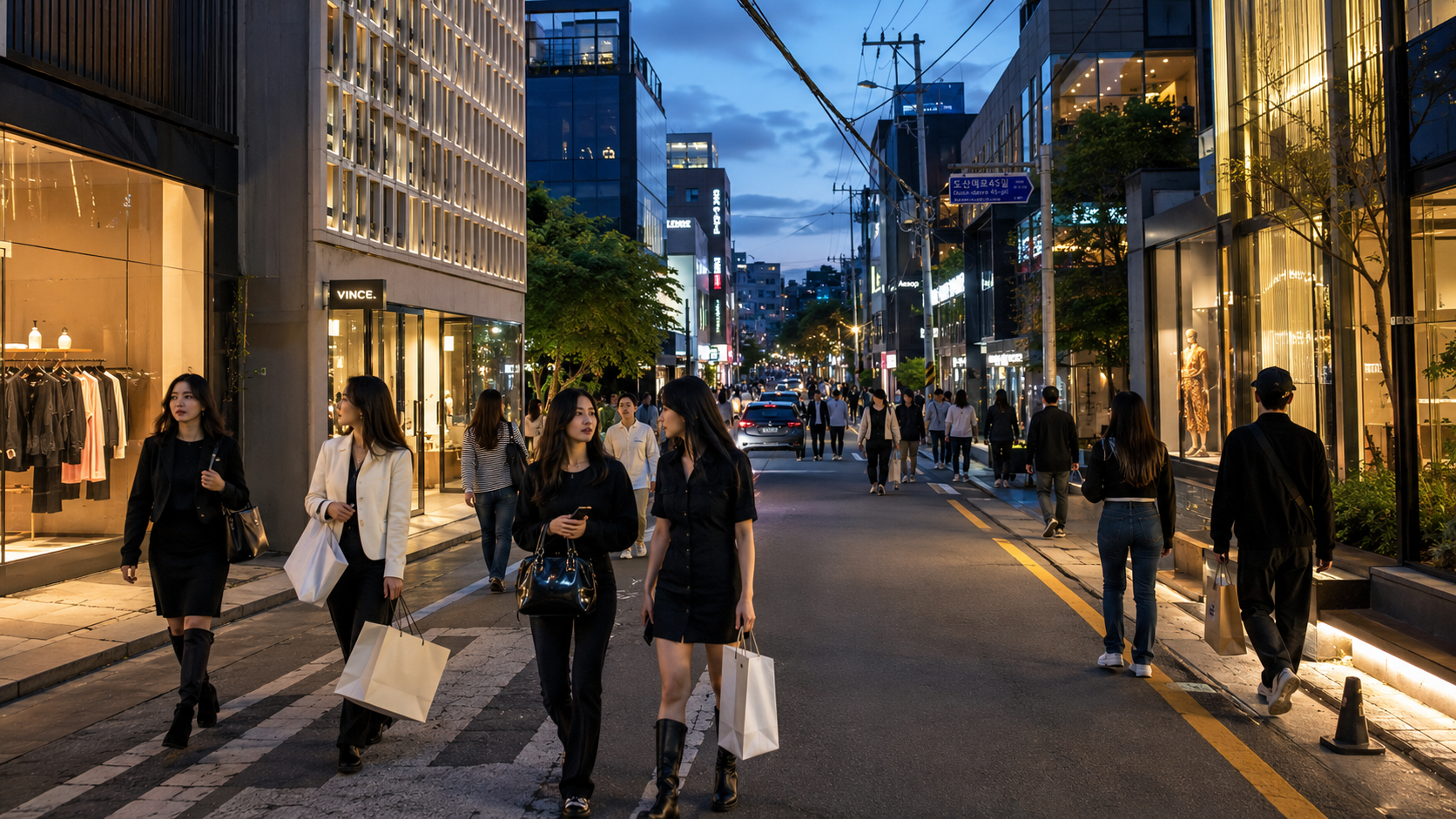 Evening shopping along Apgujeong Rodeo with Korean designer boutiques and pedestrians