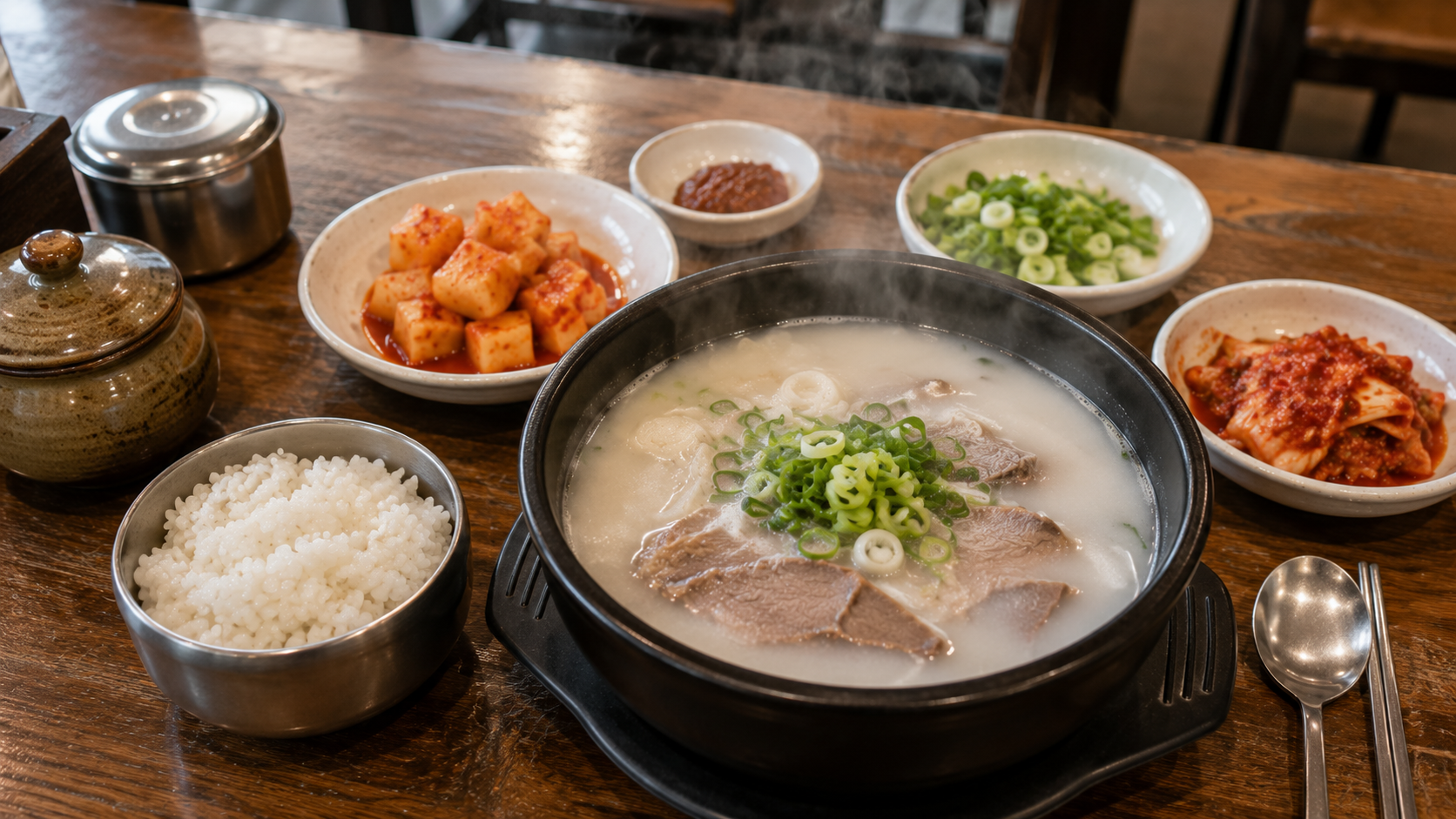 A Korean breakfast table with seolleongtang, rice, cubed radish kimchi, and chopped spring onion