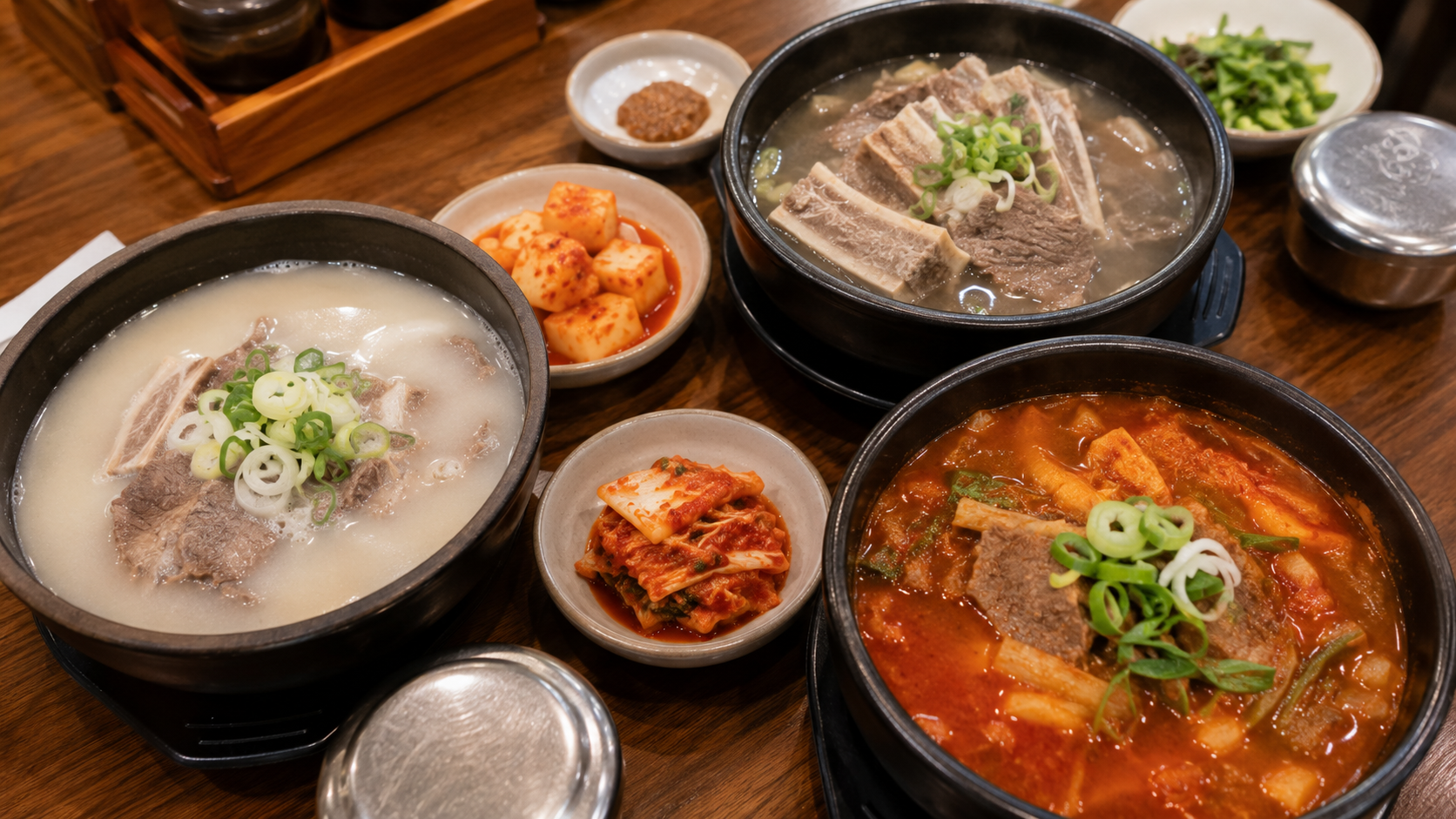 Individual bowls of seolleongtang, galbitang, and spicy maeuntang on a Korean restaurant table