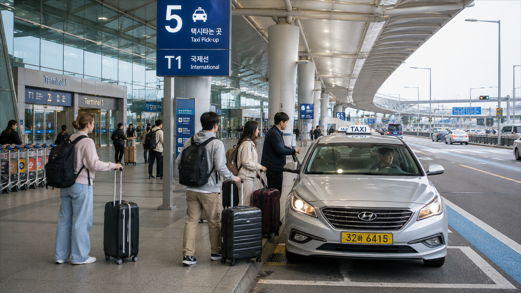 International travelers meeting an app-booked taxi outside Incheon Airport Terminal 1