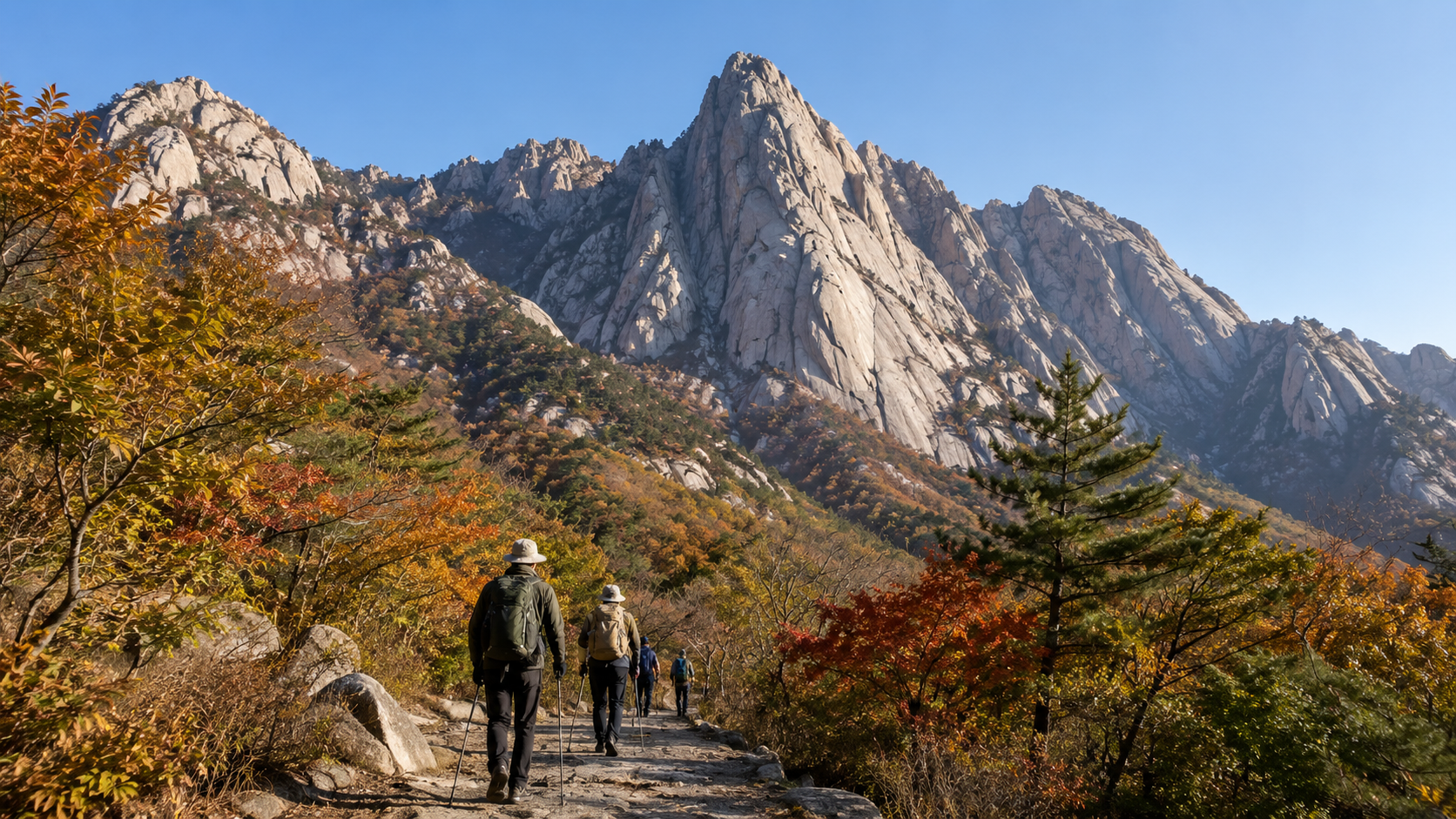 Hikers approaching the granite face of Ulsanbawi in Seoraksan National Park