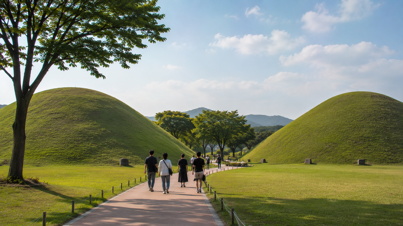 Visitors walking between the grass-covered Silla royal tombs at Daereungwon in Gyeongju