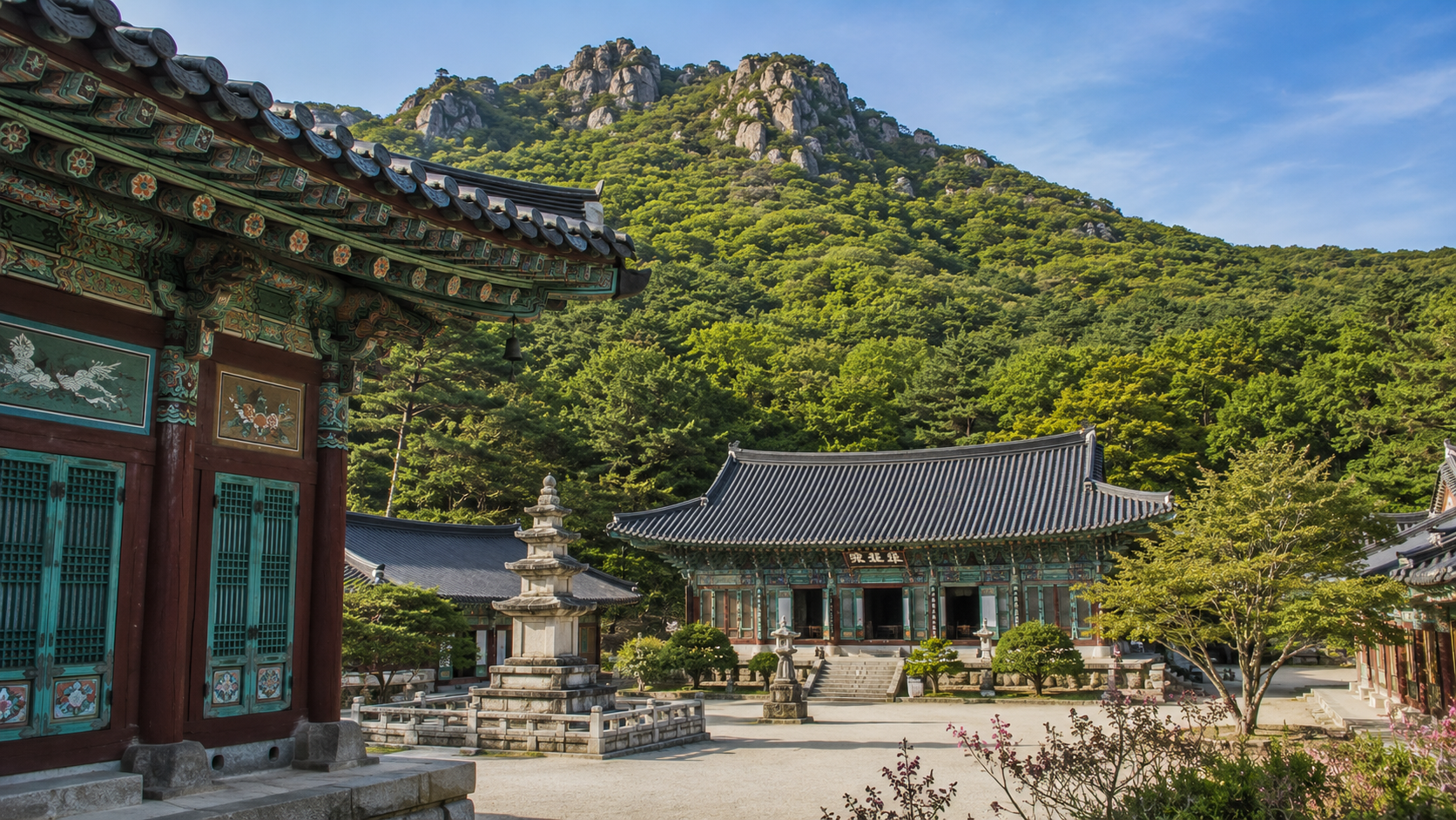 Donghwasa Temple buildings beneath the forested slopes of Palgongsan