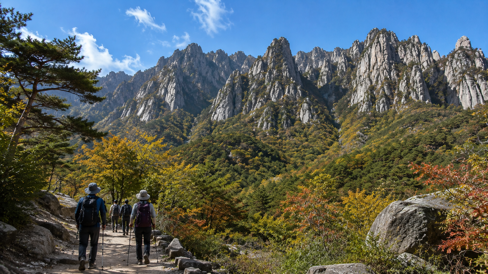 A marked hiking trail beneath the granite peaks of Seoraksan National Park in Sokcho