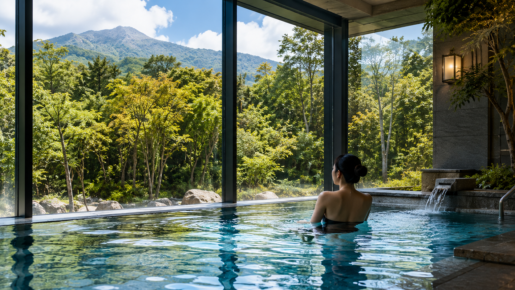 A hydrotherapy pool surrounded by forest at a Jeju wellness hotel