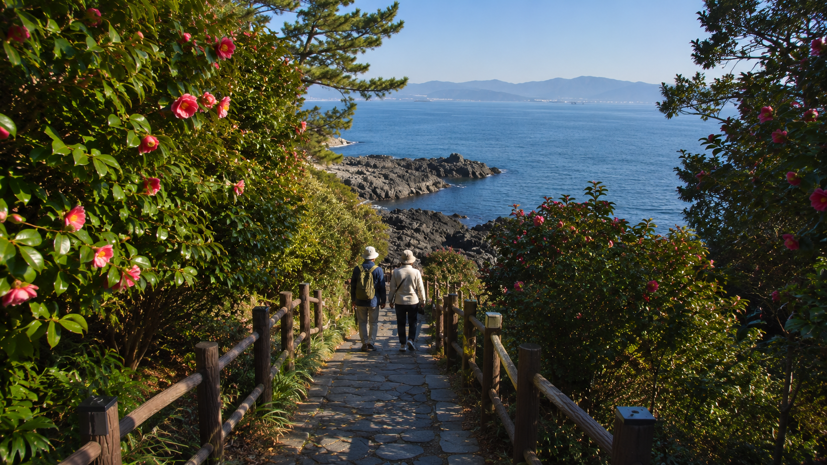 A coastal trail on Odongdo Island with camellia trees, dark rocks, and the blue sea